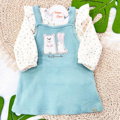 Conj. Blusa Bolinhas e Salopete Best Friends - Off White e Verde